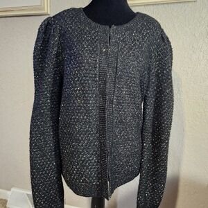 Express Black Knit Cardigan Sweater Sparkle Sequin‎ Hook Closure Puff Sleeve L